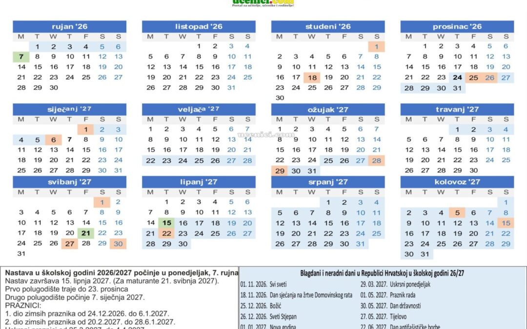 Nastavni kalendar za školsku godinu 2026./2027.